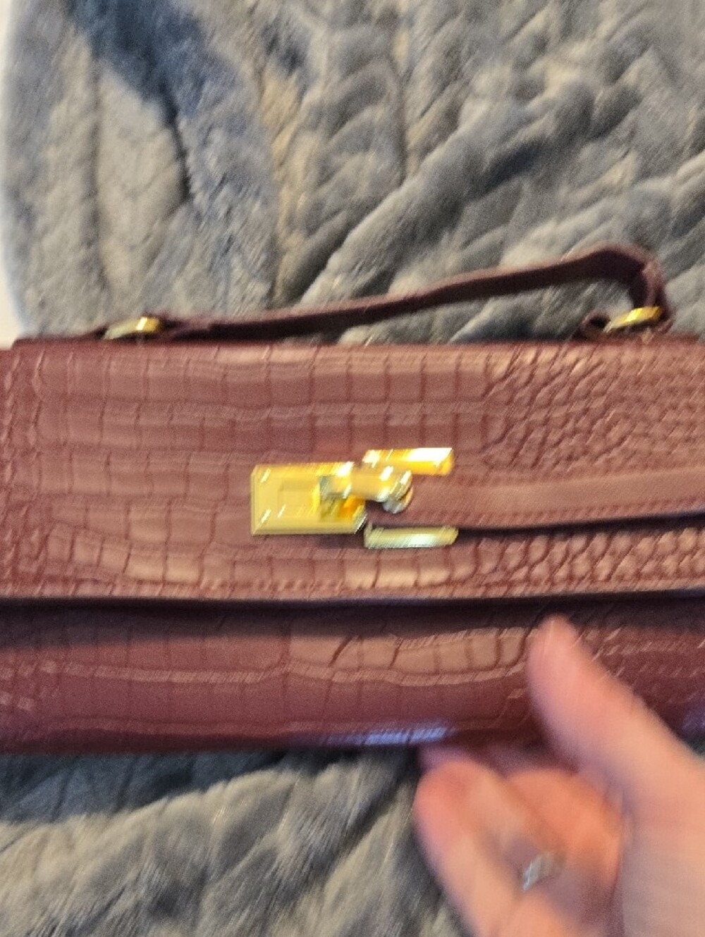 Croc-Embossed Barrel Wristlet Clutch in Deep Burgundy with Gold Hardware - Picture 6 of 7